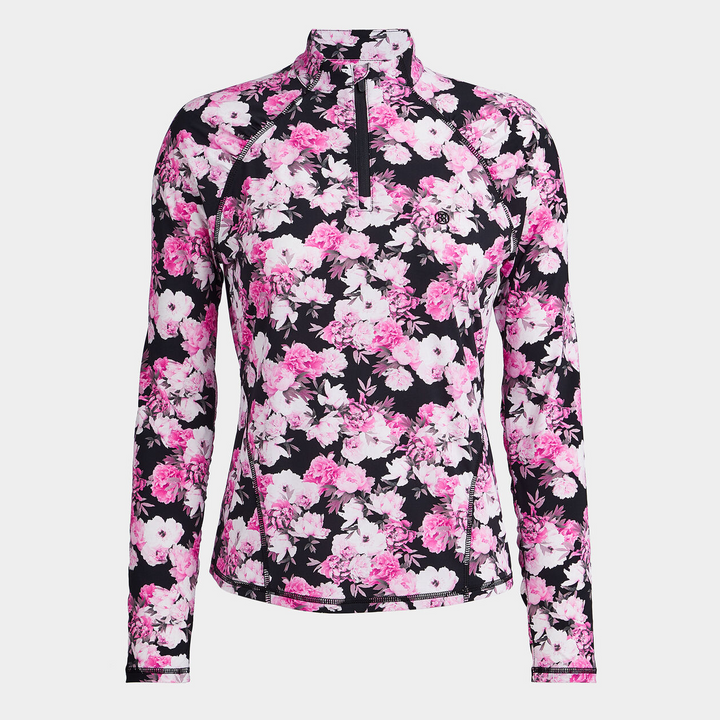 G/FFORE WOMEN'S FLORAL SILKY TECH RUCHED 1/4 ZIP PULLOVER - ONYX