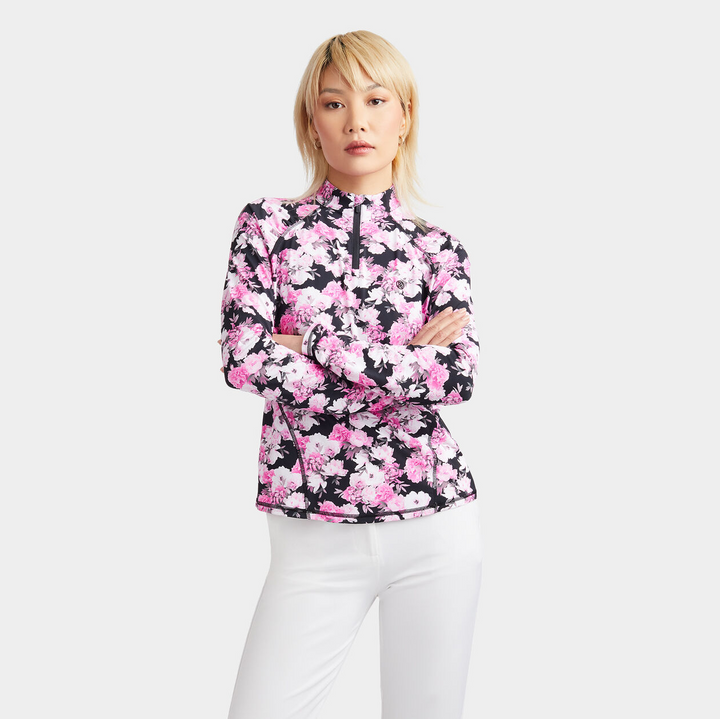 G/FFORE WOMEN'S FLORAL SILKY TECH RUCHED 1/4 ZIP PULLOVER - ONYX