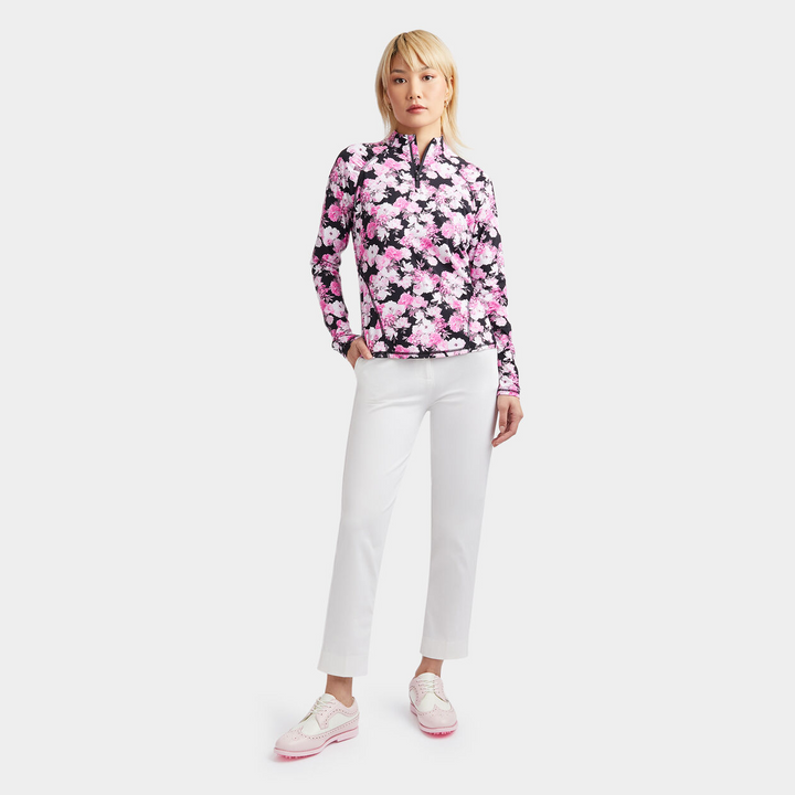 G/FFORE WOMEN'S FLORAL SILKY TECH RUCHED 1/4 ZIP PULLOVER - ONYX