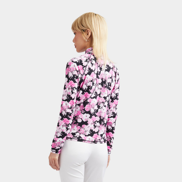 G/FFORE WOMEN'S FLORAL SILKY TECH RUCHED 1/4 ZIP PULLOVER - ONYX