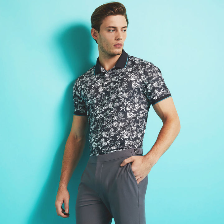 G/Fore Mens PEONY SKETCH BANDED SLEEVE TECH JERSEY POLO - LEAD