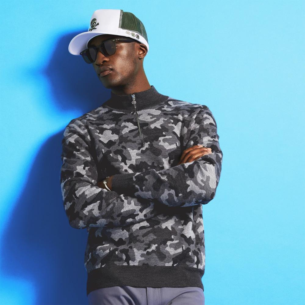 G/FORE MENS CAMO JAQCUARD V-NECK MERINO WOOL ZIP NECK SWEATER - CHARCOAL CAMO