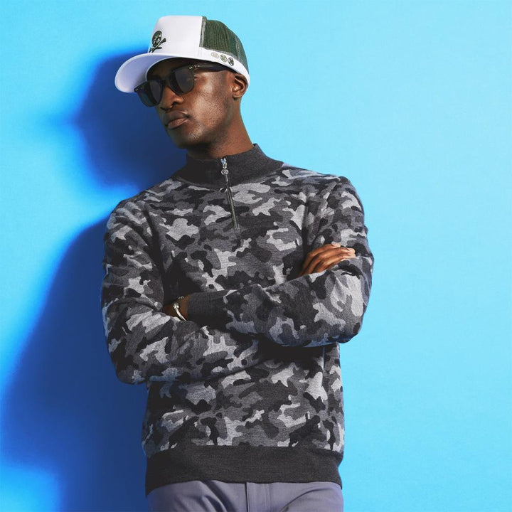 G/FORE MENS CAMO JAQCUARD V-NECK MERINO WOOL ZIP NECK SWEATER - CHARCOAL CAMO