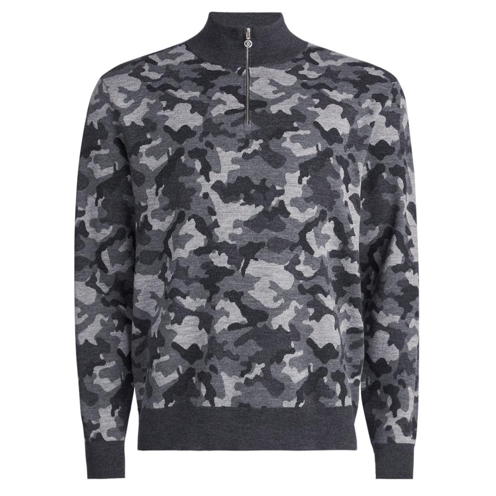 G/FORE MENS CAMO JAQCUARD V-NECK MERINO WOOL ZIP NECK SWEATER - CHARCOAL CAMO