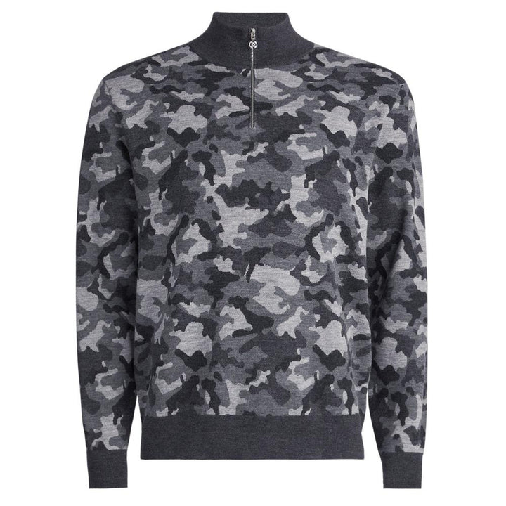 G/FORE MENS CAMO JAQCUARD V-NECK MERINO WOOL ZIP NECK SWEATER - CHARCOAL CAMO
