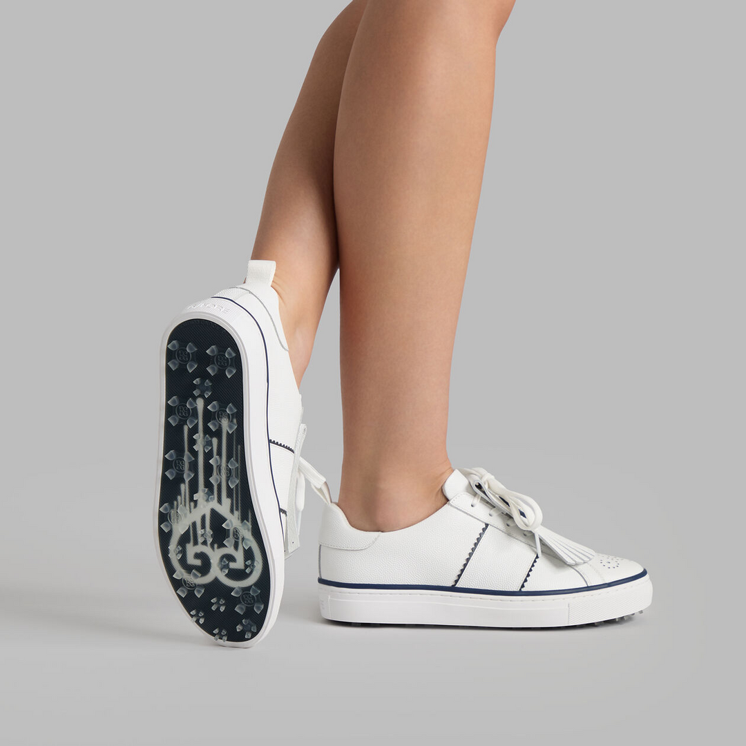 G/FORE WOMEN'S DURF SADDLE STRIPE LEATHER KILTIE GOLF SHOE - SNOW / TWILIGHT