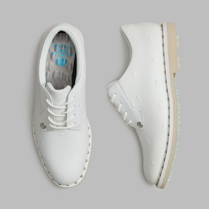 G/FORE WOMEN'S GALLIVANTER STUDDED LEATHER SKULL & TEES GOLF SHOE - SNOW / STONE