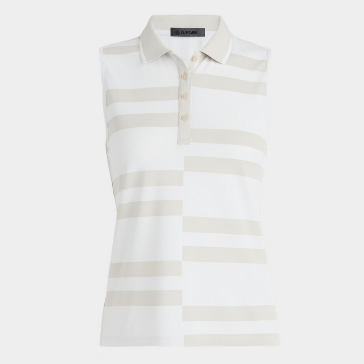 G/FORE WOMEN'S OFFSET STRIPE TECH PIQUÉ SLEEVELESS POLO - SNOW / STONE