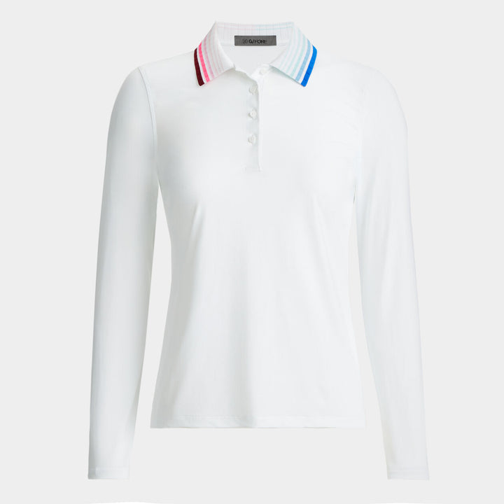 G/FORE WOMENS PLEATED CONTRAST COLLAR SILKY TECH NYLON LONG SLEEVE POLO - SNOW