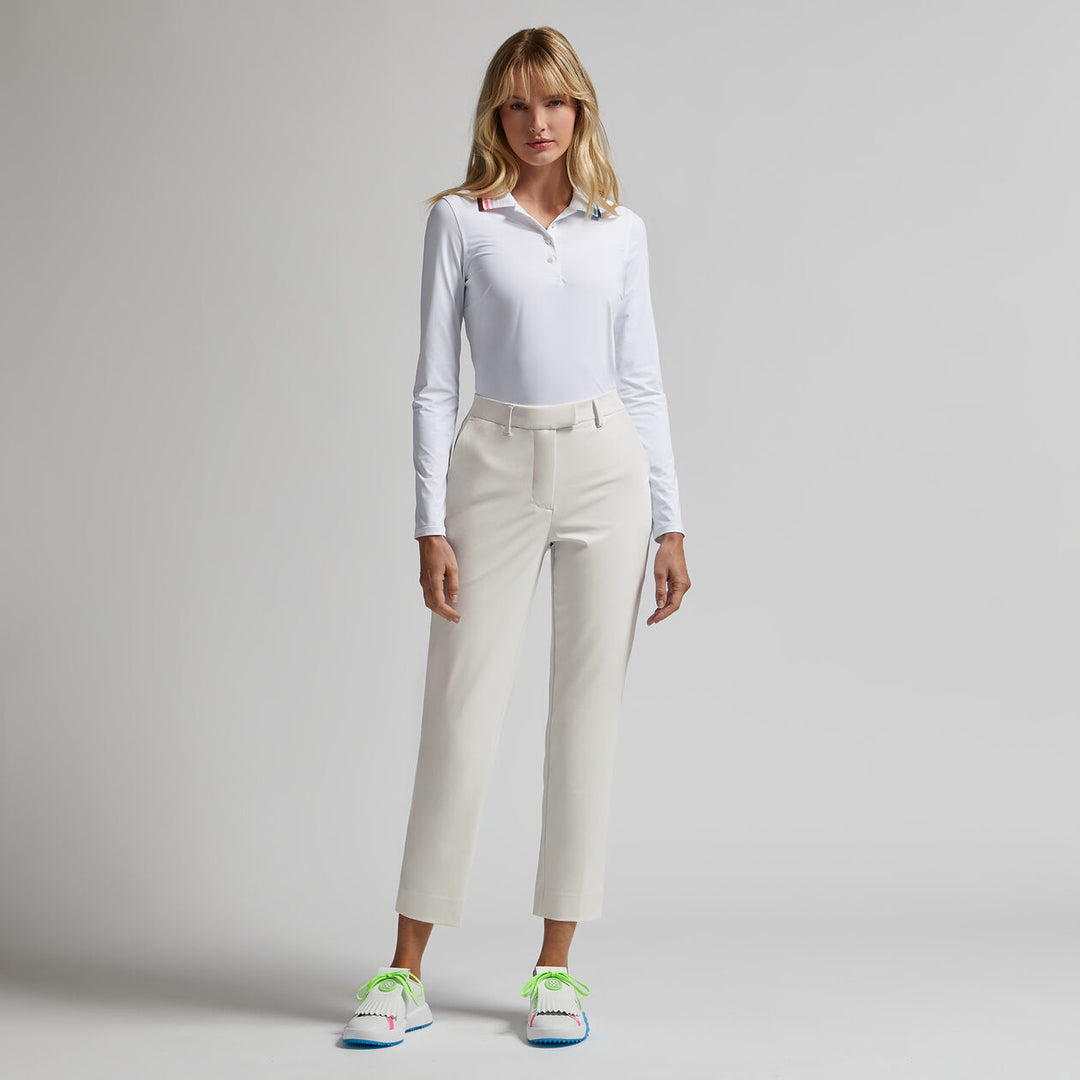 G/FORE WOMENS PLEATED CONTRAST COLLAR SILKY TECH NYLON LONG SLEEVE POLO - SNOW