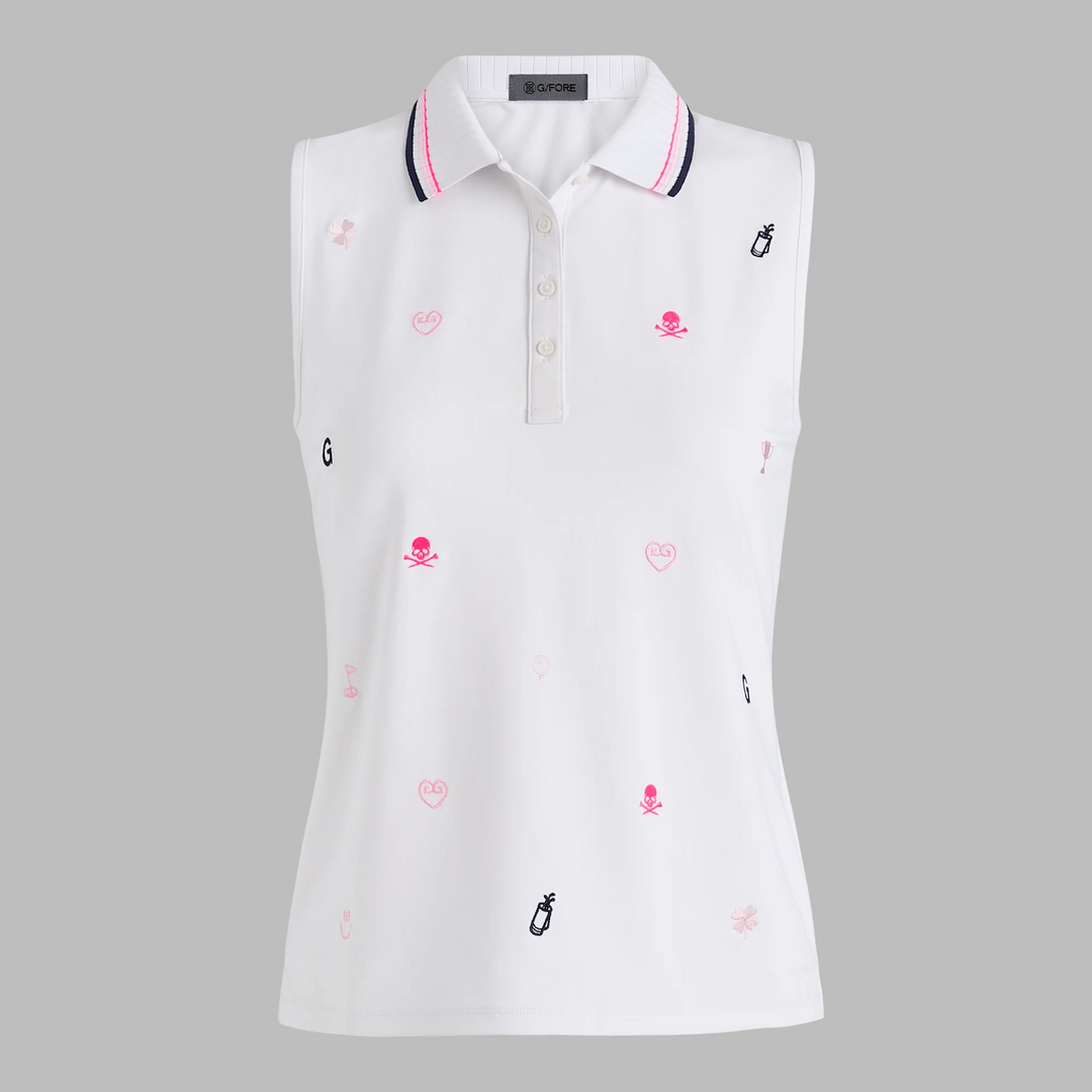 G/FORE WOMEN'S EMBROIDERED TECH PIQUÉ SLEEVELESS PERFORMANCE POLO - SNOW