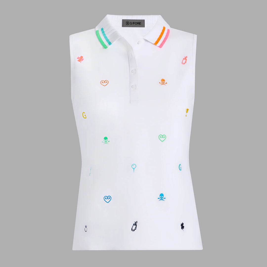 G/FORE WOMENS EMBROIDERED TECH PIQUÉ SLEEVELESS PERFORMANCE POLO - SNOW
