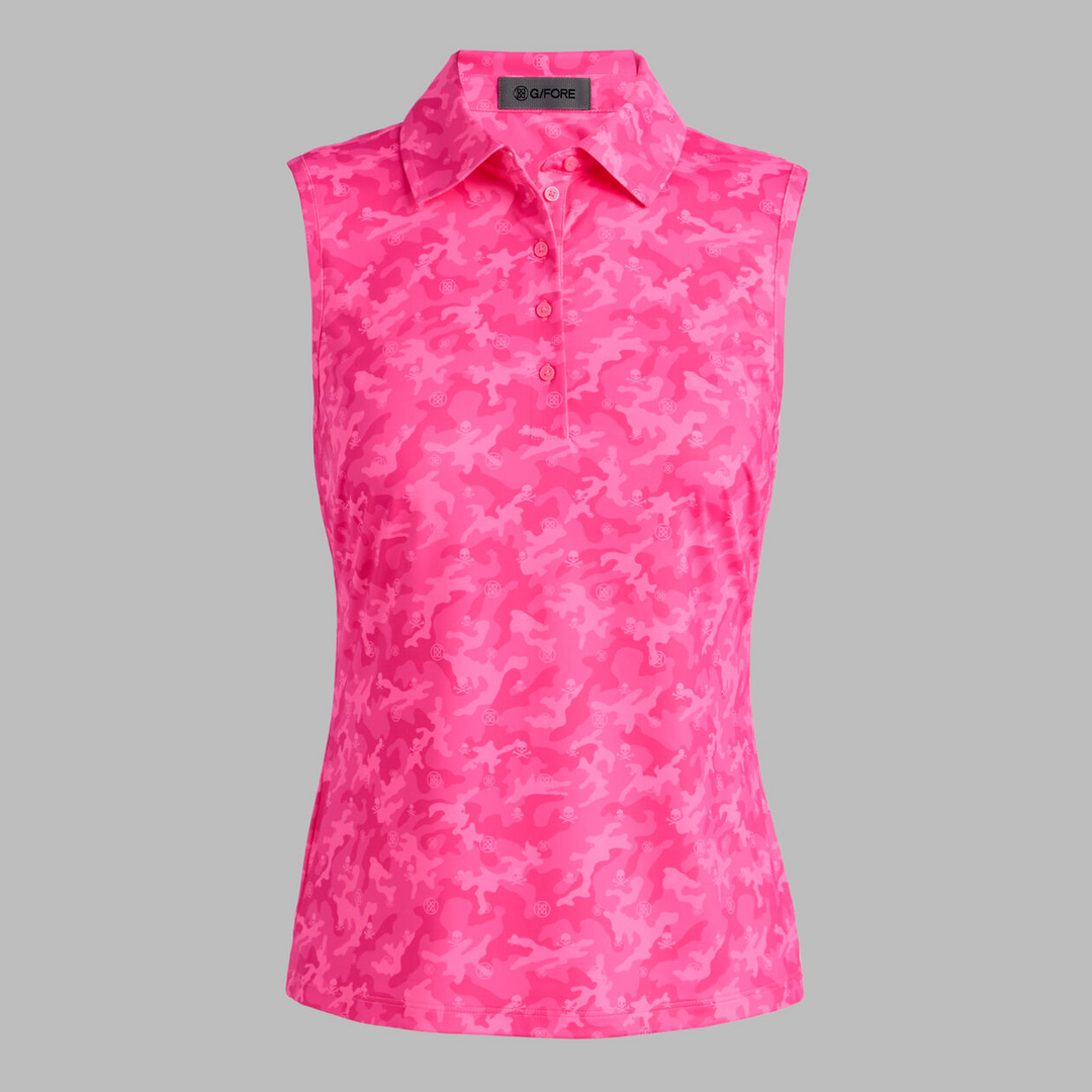 G/FORE WOMENS ICON CAMO SOFT TECH JERSEY SLEEVELESS POLO - KNOCKOUT PINK