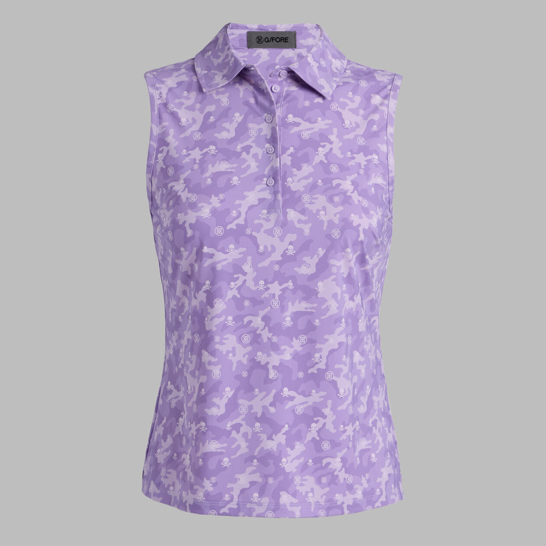 G/FORE WOMENS ICON CAMO SOFT TECH JERSEY SLEEVELESS POLO - IRIS