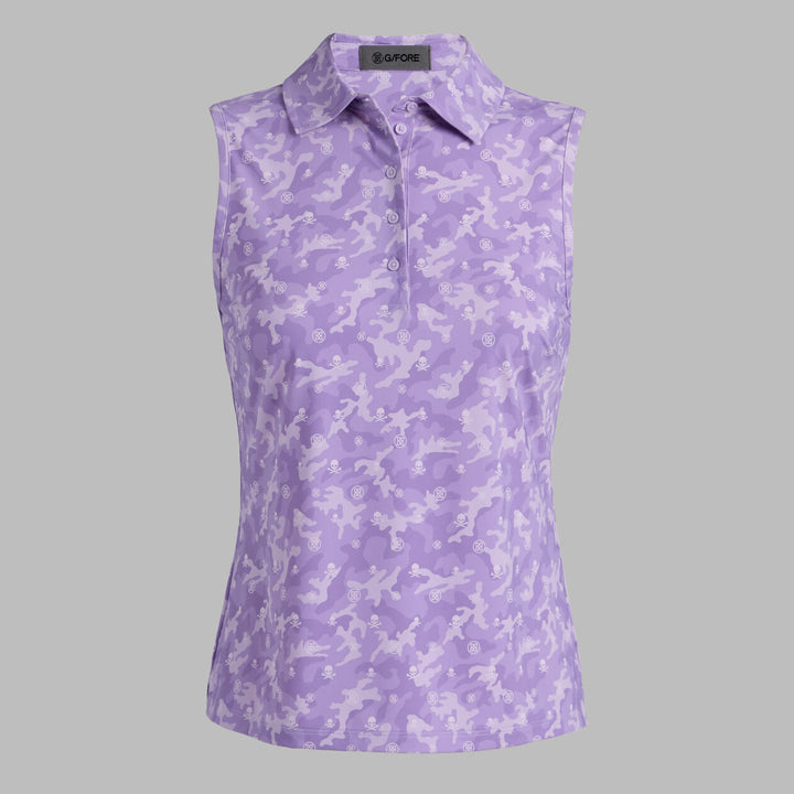 G/FORE WOMENS ICON CAMO SOFT TECH JERSEY SLEEVELESS POLO - IRIS