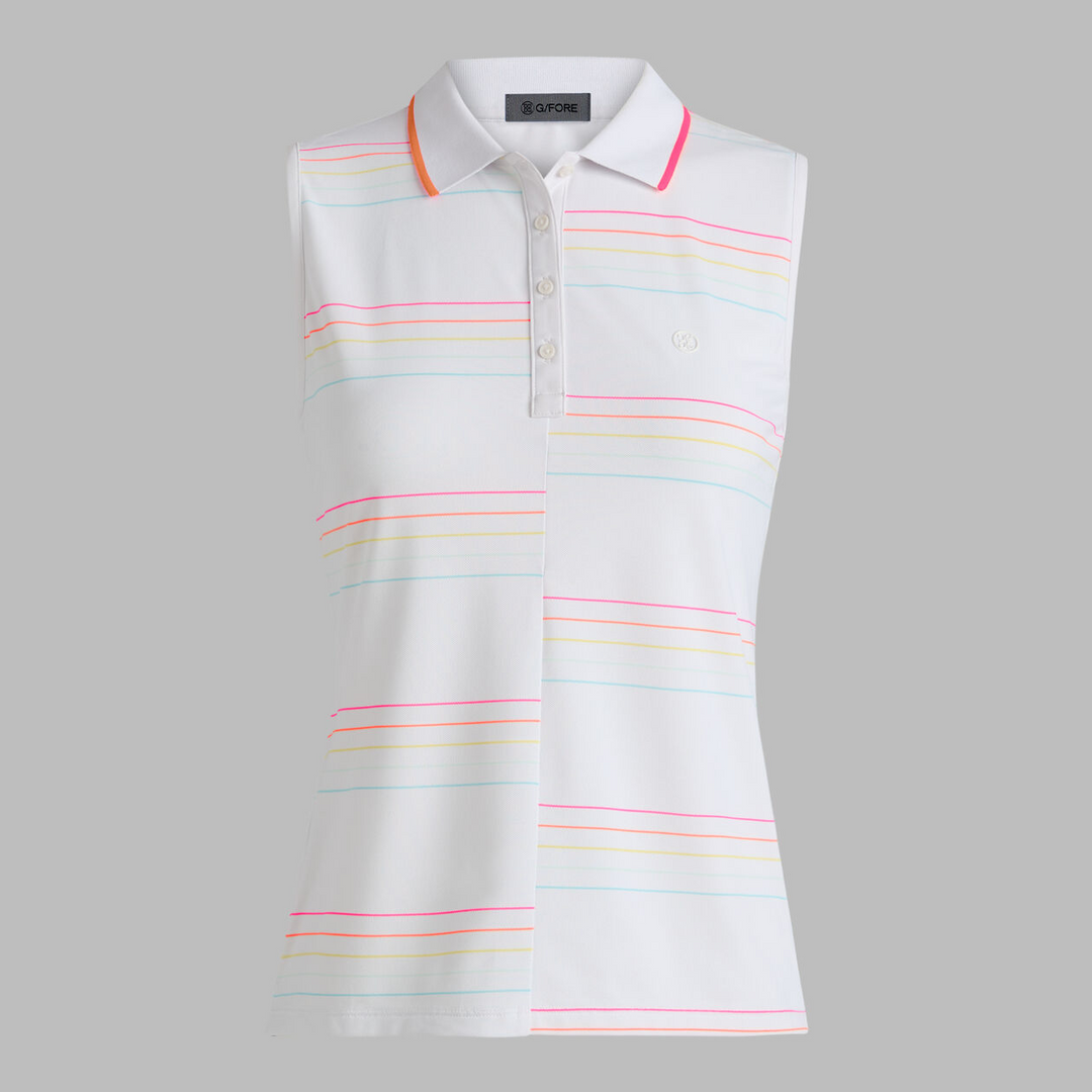 G/FORE WOMENS SPLIT STRIPE TECH PIQUÉ SLEEVELESS POLO - SNOW / CENOTE