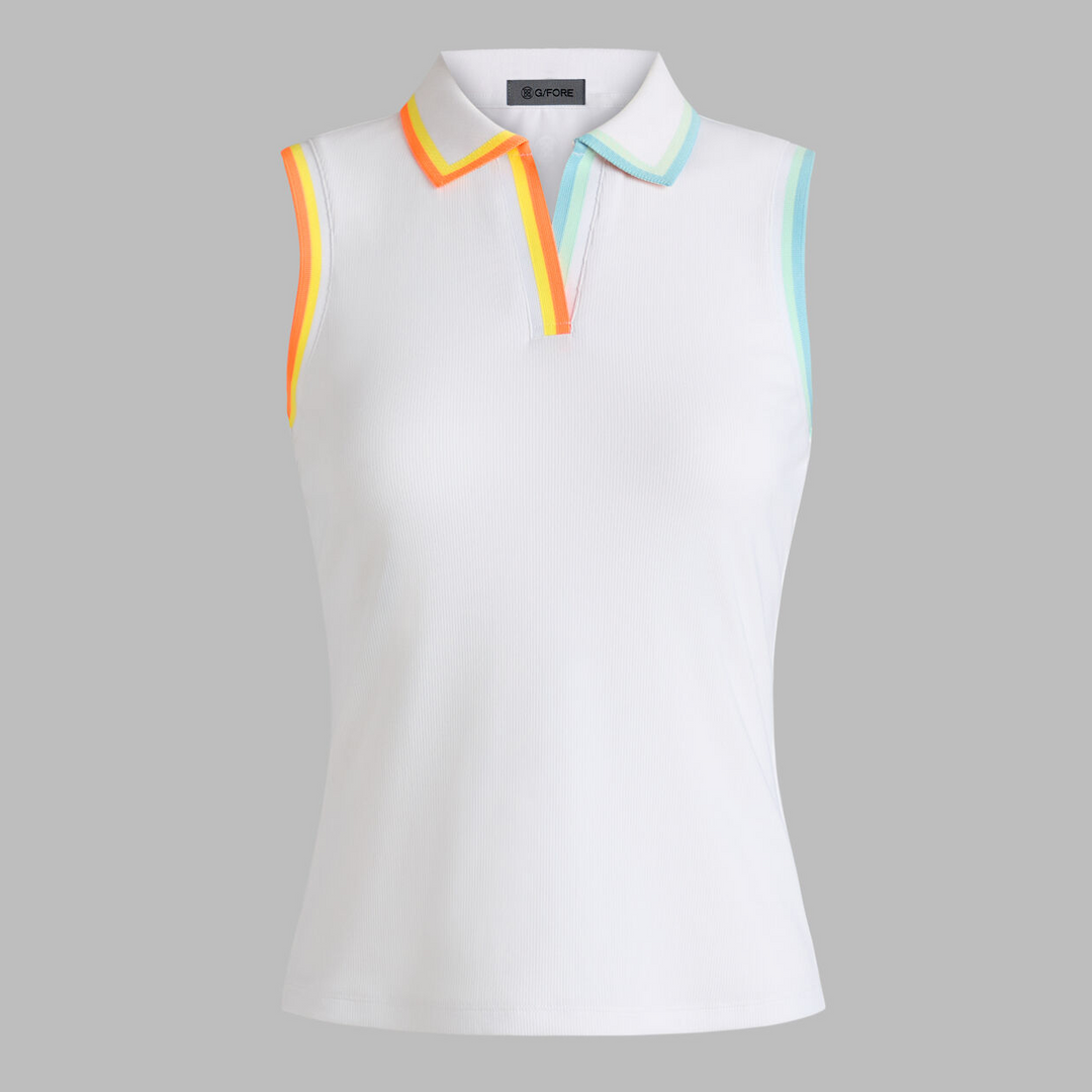G/FORE WOMENS JOHNNY COLLAR RIBBED TECH SLEEVELESS POLO - SNOW / CENOTE
