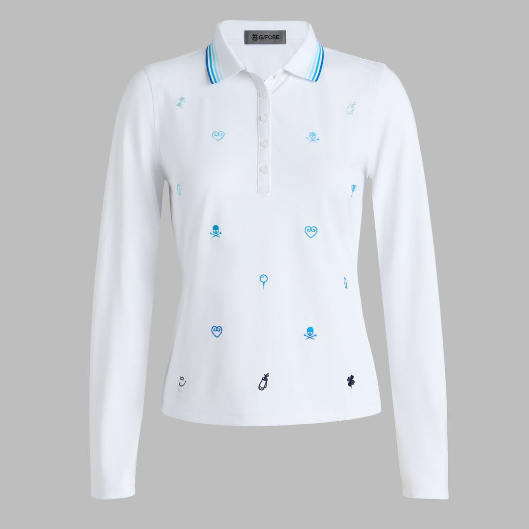 G/FORE WOMENS ICON EMBROIDERED TECH PIQUÉ LONG SLEEVE POLO - SNOW