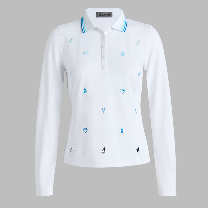 G/FORE WOMENS ICON EMBROIDERED TECH PIQUÉ LONG SLEEVE POLO - SNOW