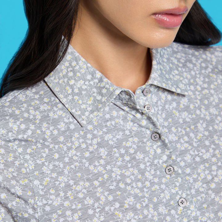 G/FORE WOMENS DITSY FLORAL TECH JERSEY LONG SLEEVE POLO - MELANGE GREY