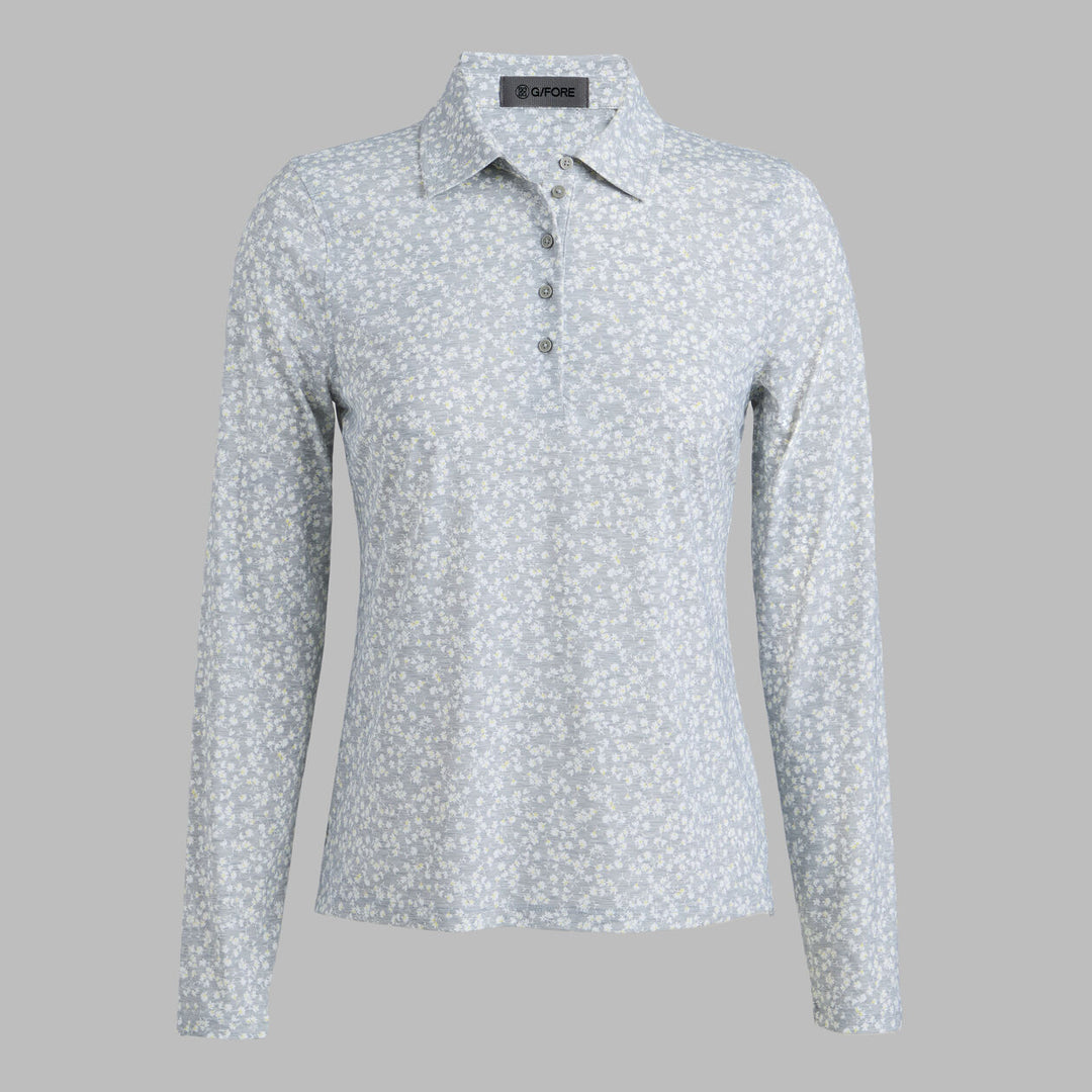 G/FORE WOMENS DITSY FLORAL TECH JERSEY LONG SLEEVE POLO - MELANGE GREY