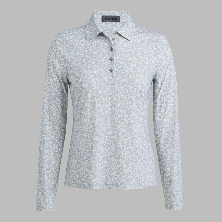 G/FORE WOMENS DITSY FLORAL TECH JERSEY LONG SLEEVE POLO - MELANGE GREY
