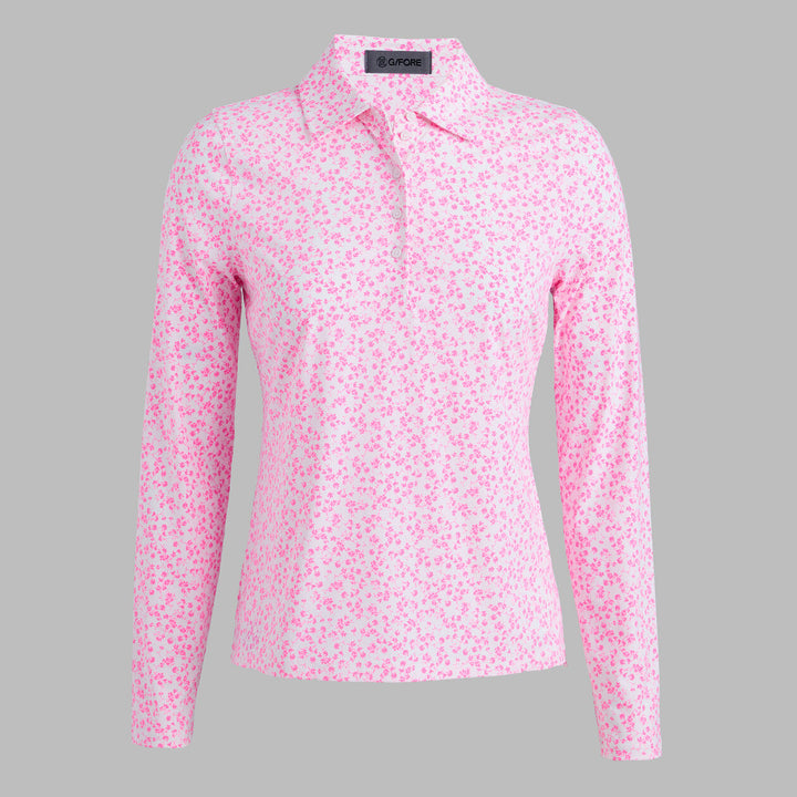 G/FORE WOMENS DITSY FLORAL TECH JERSEY LONG SLEEVE POLO - SNOW