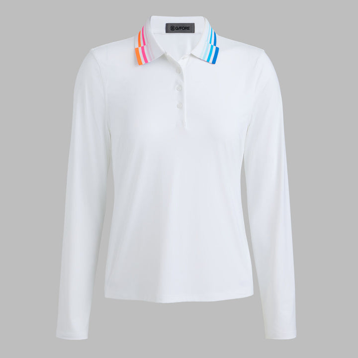 G/FORE WOMENS CONTRAST COLLAR SILKY TECH NYLON LONG SLEEVE POLO - SNOW