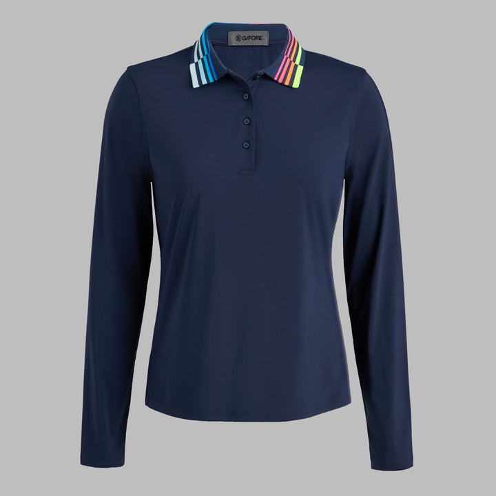 G/FORE WOMENS CONTRAST COLLAR SILKY TECH NYLON LONG SLEEVE POLO - TWILIGHT