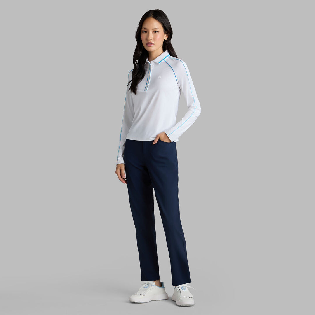 G/FORE WOMENS CONTRAST TRIM SILKY TECH NYLON LONG SLEEVE POLO - SNOW