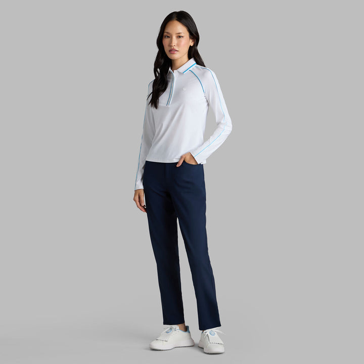 G/FORE WOMENS CONTRAST TRIM SILKY TECH NYLON LONG SLEEVE POLO - SNOW