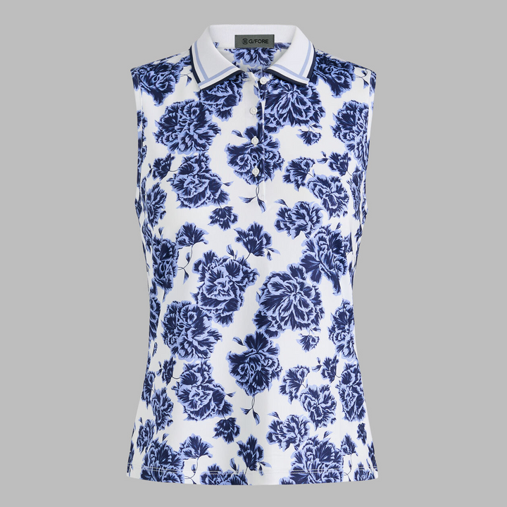 G/FORE WOMEN'S STAMPED FLORAL TECH JERSEY SLEEVELESS POLO - WILLOW