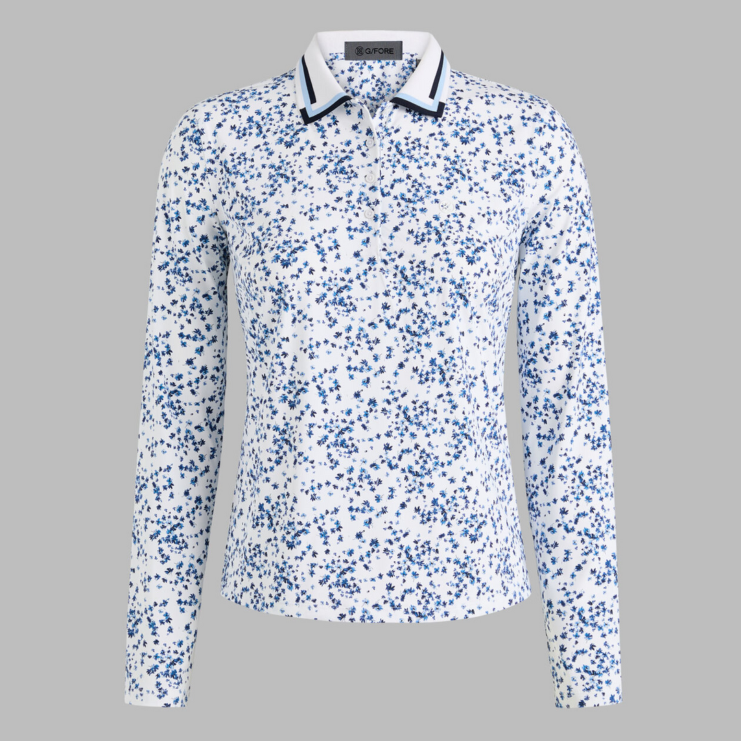 G/FORE WOMENS SCATTERED DITZY SILKY TECH NYLON LONG SLEEVE POLO - SNOW TWILIGHT