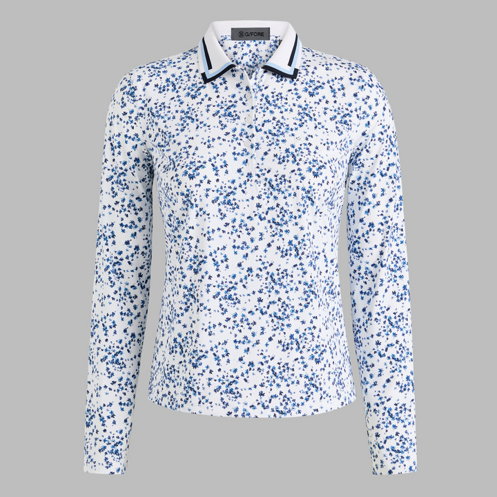 G/FORE WOMENS SCATTERED DITZY SILKY TECH NYLON LONG SLEEVE POLO - SNOW TWILIGHT