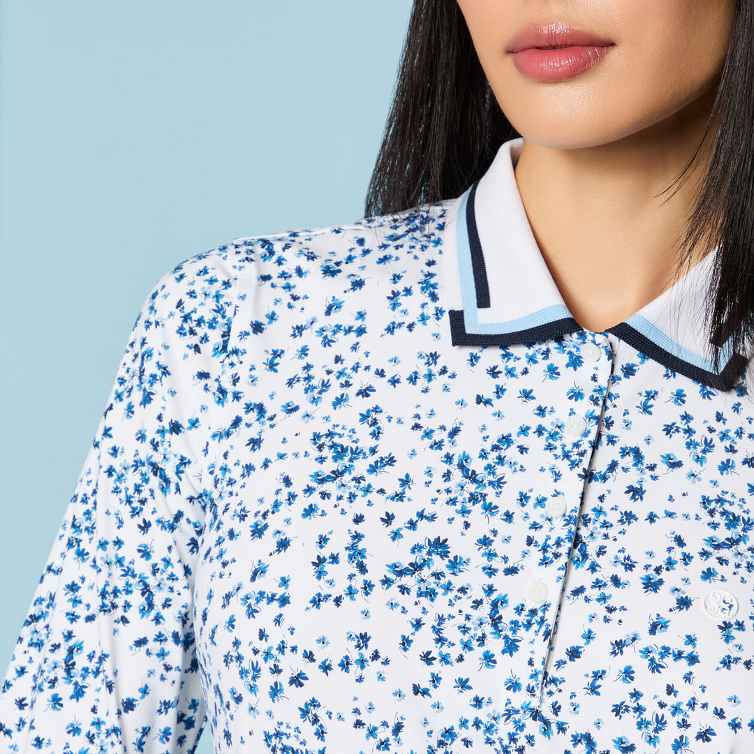 G/FORE WOMENS SCATTERED DITZY SILKY TECH NYLON LONG SLEEVE POLO - SNOW TWILIGHT