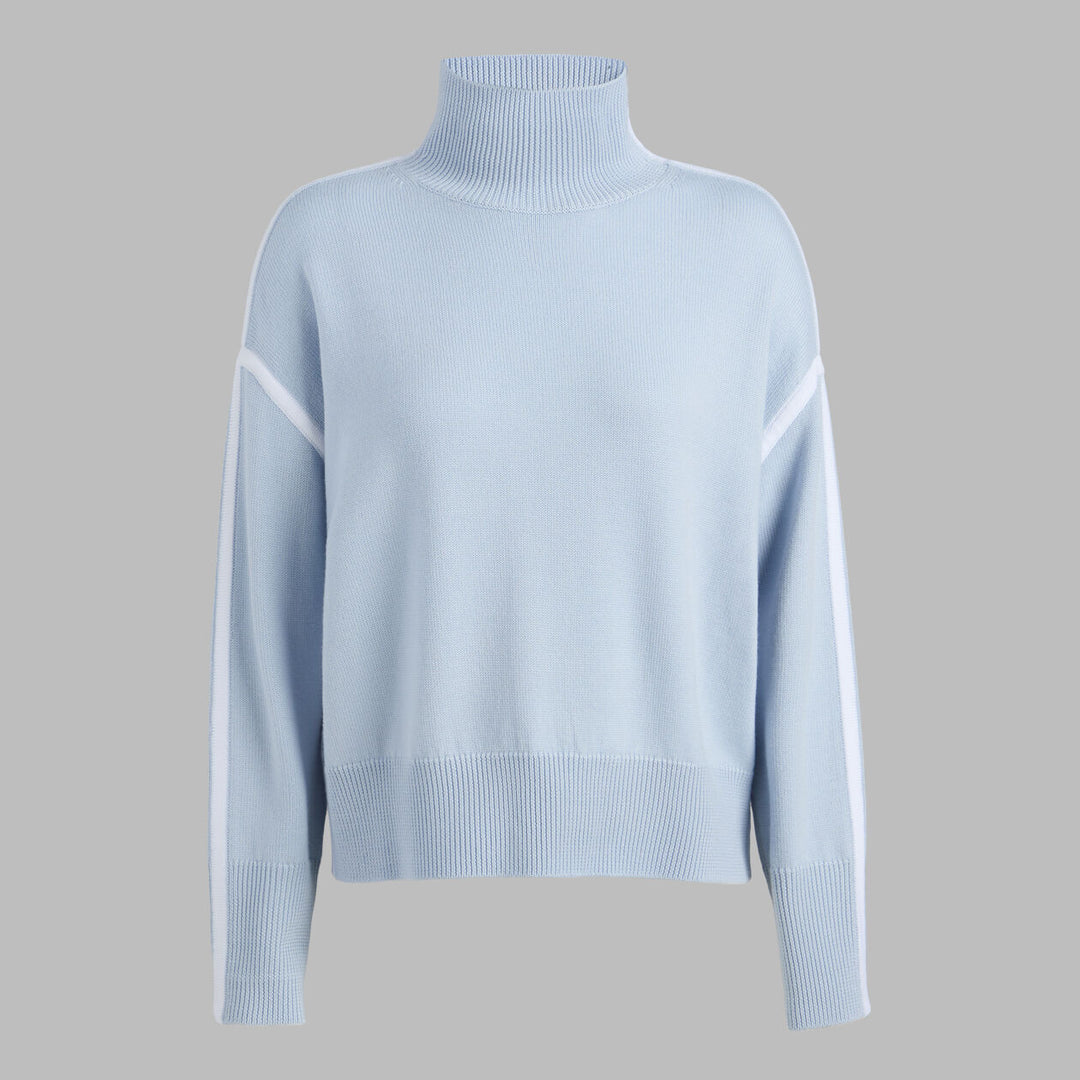 G/FORE WOMEN'S MERINO WOOL CONTRAST STRIPE TURTLENECK SWEATER - PALE BAJA / CHALK WHITE