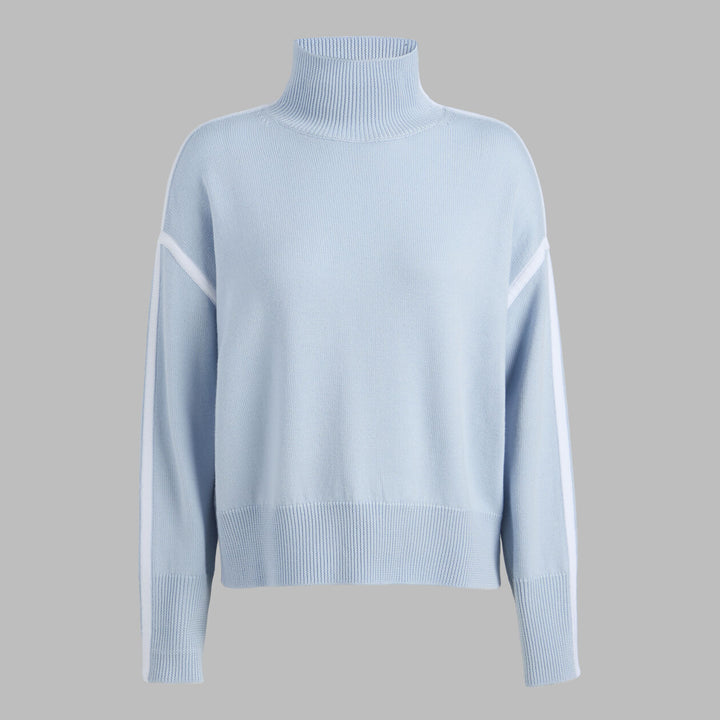 G/FORE WOMEN'S MERINO WOOL CONTRAST STRIPE TURTLENECK SWEATER - PALE BAJA / CHALK WHITE