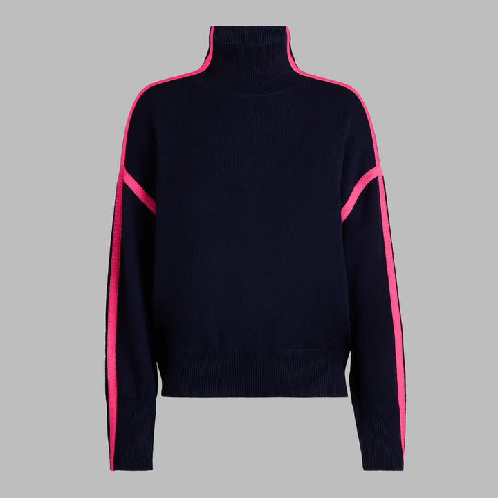 G/FORE WOMEN'S MERINO WOOL CONTRAST STRIPE TURTLENECK SWEATER - TWILIGHT