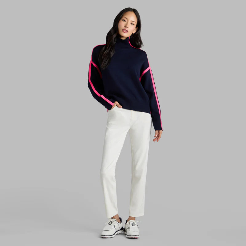 G/FORE WOMEN'S MERINO WOOL CONTRAST STRIPE TURTLENECK SWEATER - TWILIGHT
