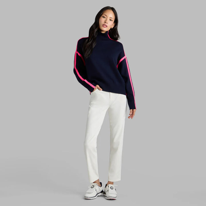 G/FORE WOMEN'S MERINO WOOL CONTRAST STRIPE TURTLENECK SWEATER - TWILIGHT