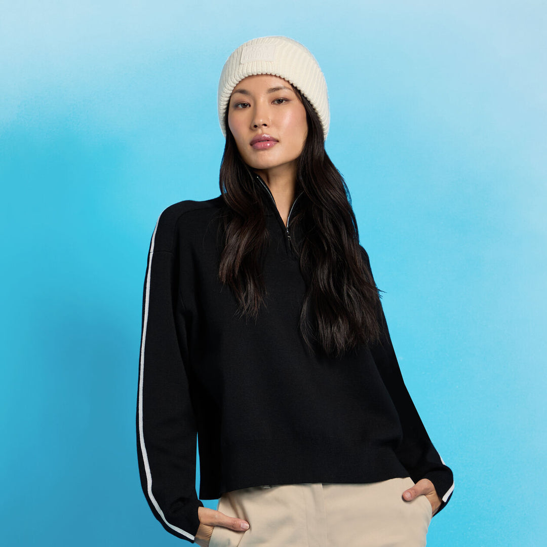 G/FORE WOMEN'S MERINO WOOL CONTRAST STRIPE QUARTER ZIP SWEATER - ONYX