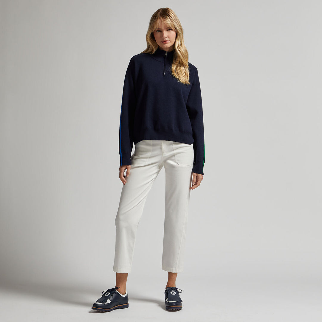 G/FORE WOMENS MERINO WOOL CONTRAST STRIPE QUARTER ZIP SWEATER - TWILIGHT