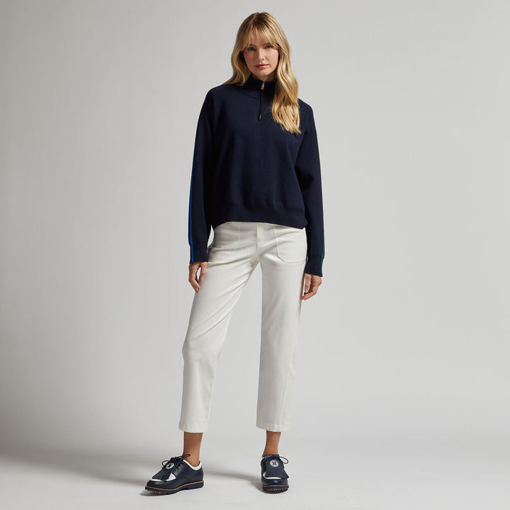 G/FORE WOMENS MERINO WOOL CONTRAST STRIPE QUARTER ZIP SWEATER - TWILIGHT