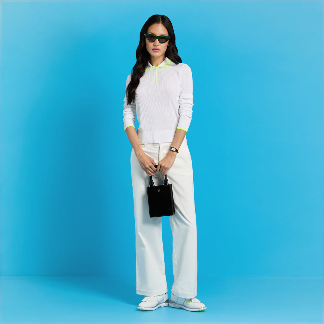 G/FORE WOMENS RIBBED KNIT LONG SLEEVE POLO SWEATER - SNOW / ELECTRIC