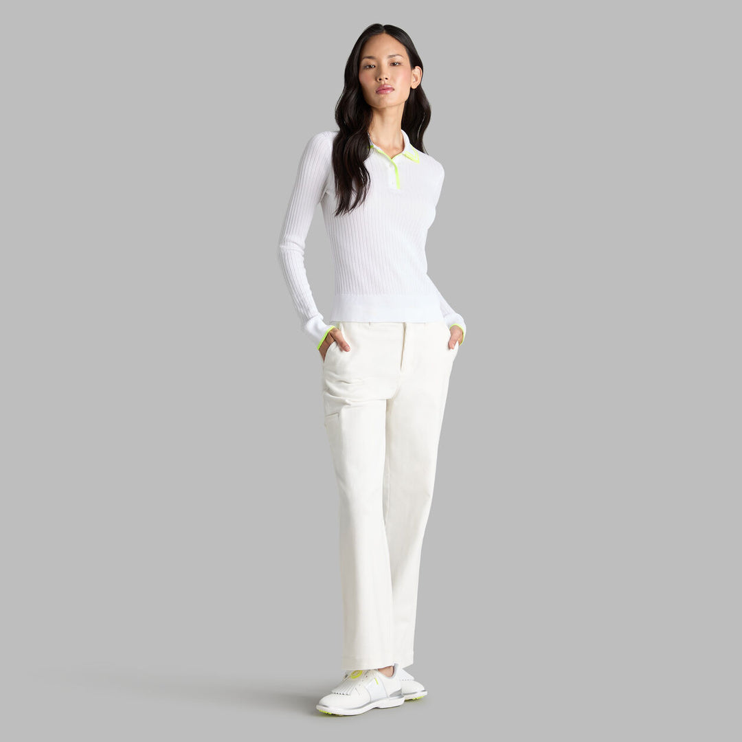 G/FORE WOMENS RIBBED KNIT LONG SLEEVE POLO SWEATER - SNOW / ELECTRIC