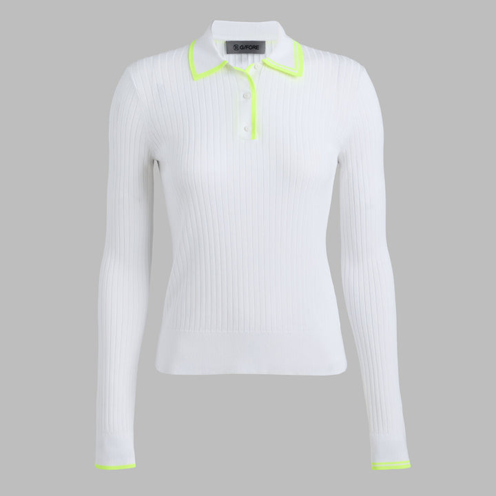 G/FORE WOMENS RIBBED KNIT LONG SLEEVE POLO SWEATER - SNOW / ELECTRIC