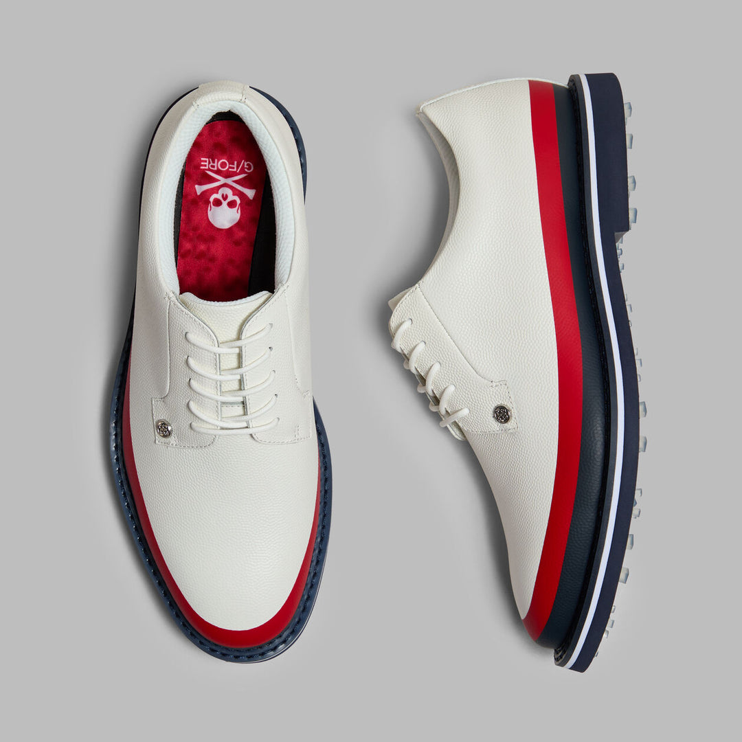 G/FORE MEN'S GALLIVANTER TUXEDO STRIPE LEATHER GOLF SHOE - SNOW / MULTI