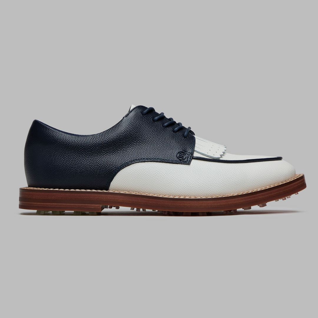 G/FORE MEN'S LTD RELEASE GALLIVANTER PEBBLE LEATHER LUXE SOLE DERBY GOLF SHOE - TWILIGHT / SNOW