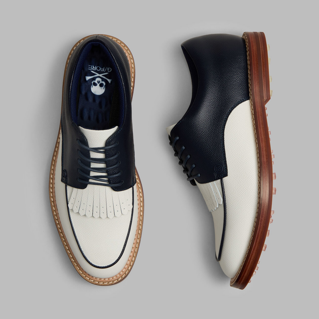 G/FORE MEN'S LTD RELEASE GALLIVANTER PEBBLE LEATHER LUXE SOLE DERBY GOLF SHOE - TWILIGHT / SNOW