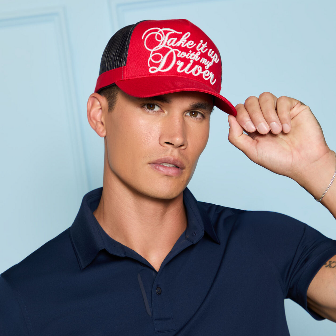 G/FORE MEN'S TAKE IT UP WITH MY DRIVER TRUCKER HAT - LAVA